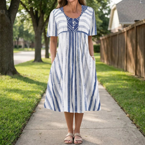 Dore | Women's Dress - Striped Dress with Short Sleeves 1
