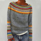 Dorothea Women's Round Neck Fair Isle Knitted Winter Sweater Grey Orange