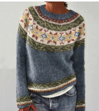 Dorothea Women's Round Neck Fair Isle Knitted Winter Sweater Blue