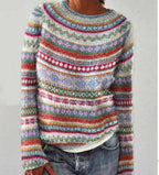 Dorothea Women's Round Neck Fair Isle Knitted Winter Sweater Red-White-Orange