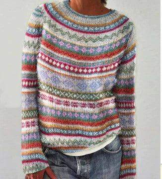 Dorothea Women's Round Neck Fair Isle Knitted Winter Sweater Red-White-Orange