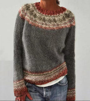 Dorothea Women's Round Neck Fair Isle Knitted Winter Sweater Grey Wreath