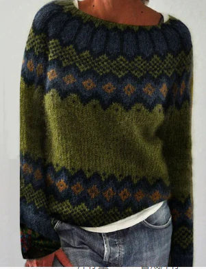 Dorothea Women's Round Neck Fair Isle Knitted Winter Sweater Green
