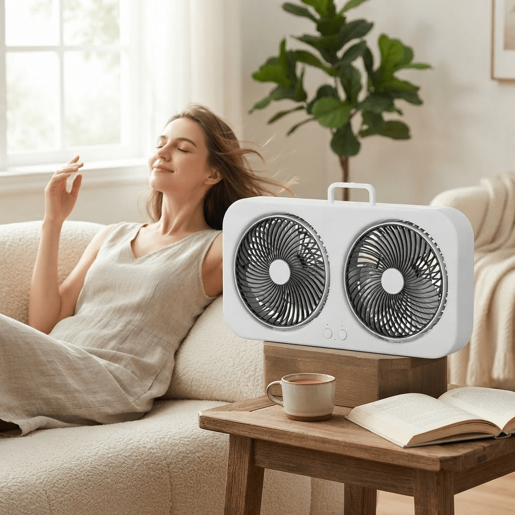 Double-Head USB Circulating Fan – Dual Motor 360° Fan, Strong Quiet Airflow, Type-C Rechargeable for Home & Outdoor