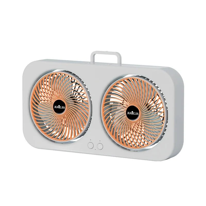 Double-Head USB Circulating Fan – Dual Motor 360° Fan, Strong Quiet Airflow, Type-C Rechargeable for Home & Outdoor Orange