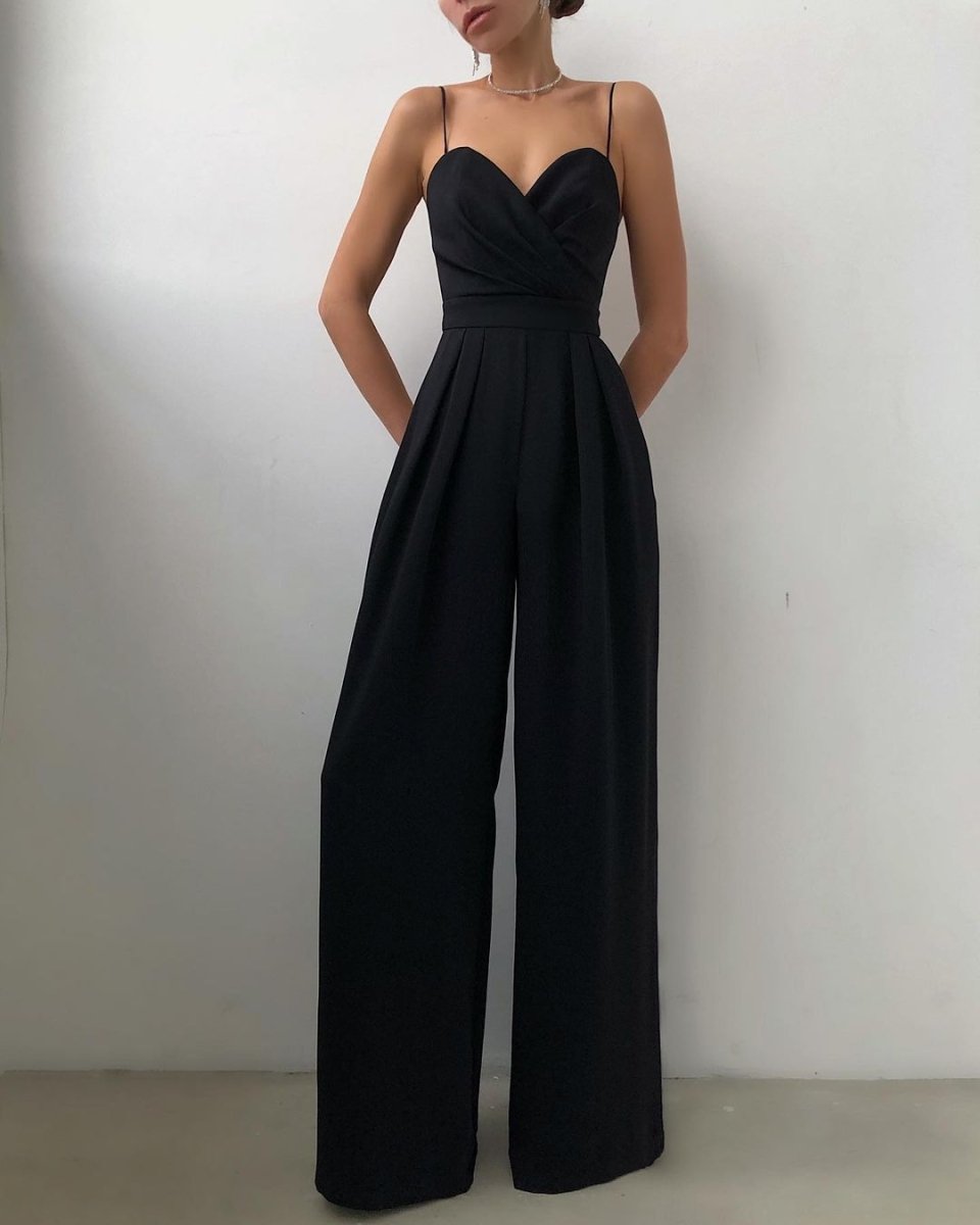 Elegant jumpsuit, high waist, straight leg, spaghetti straps 0
