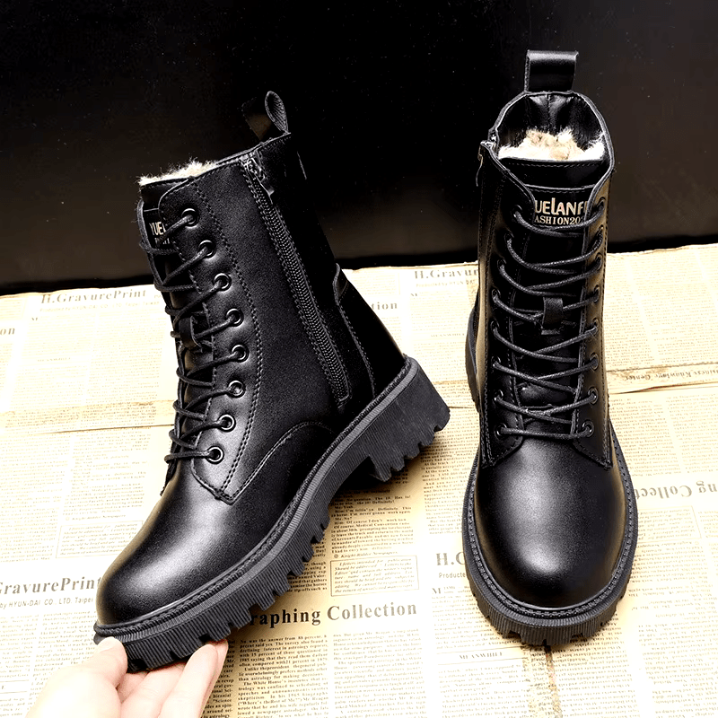 Elove | Lavin Black Stylish Boots with Non-Slip Soles and Warm Faux Wool Black