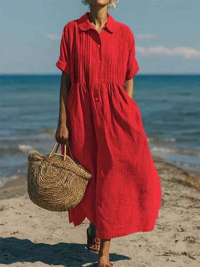 Nora | Elegant & Breathable Cotton Shirt Dress Red
