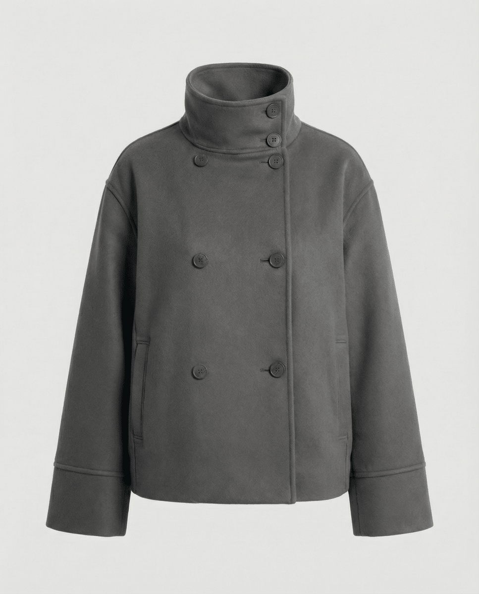 Dôre | Modern and Warm Short Jacket with High Collar Dark Blue