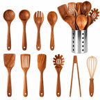 Set of wooden kitchen utensils with measurements on a white background