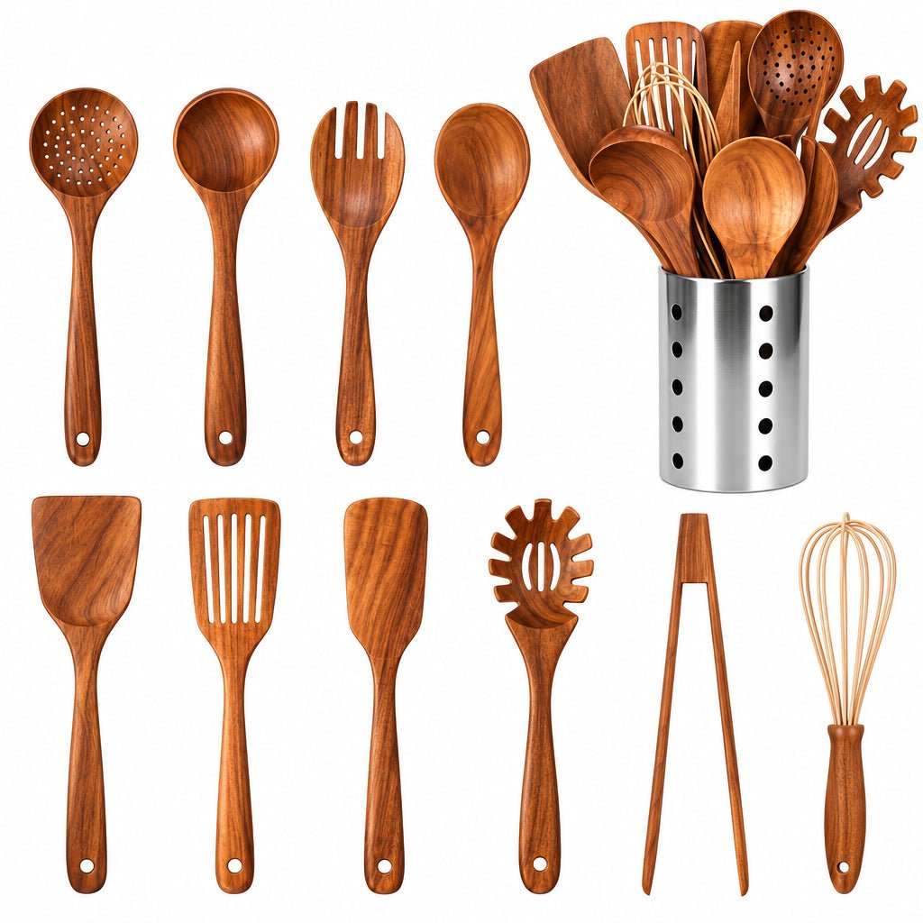 Set of wooden kitchen utensils with measurements on a white background