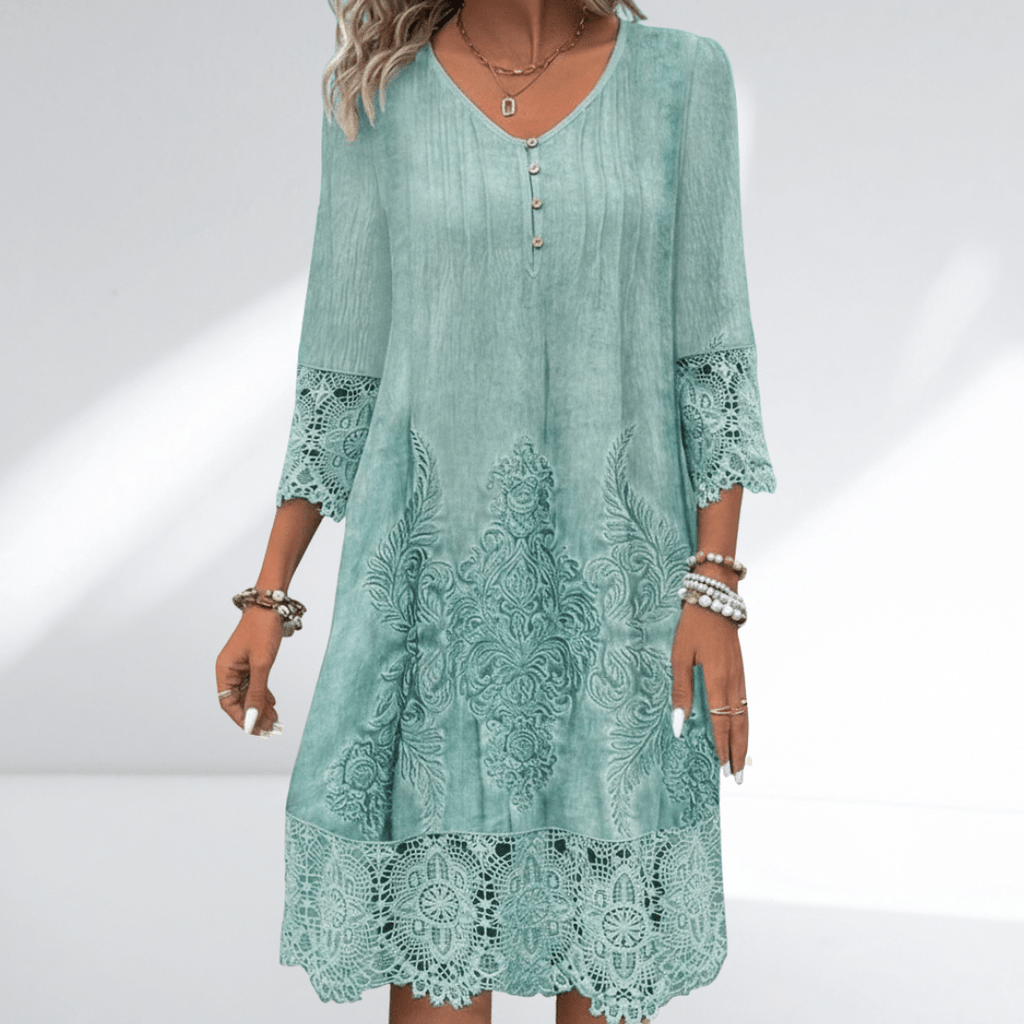 Estelo | Tunic dress for women - Embroidered Dress with V-neck and Lace Trim 0