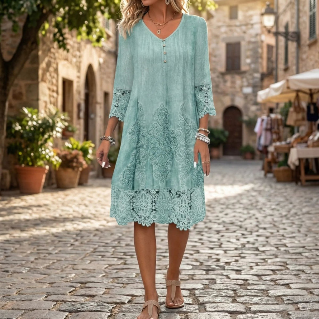 Estelo | Tunic dress for women - Embroidered Dress with V-neck and Lace Trim 1