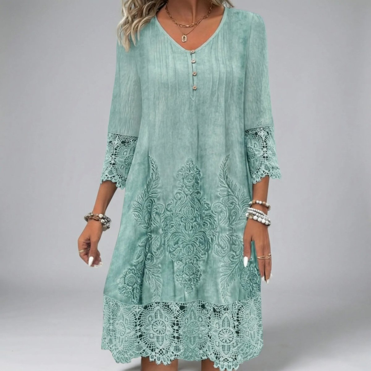 Estelo | Tunic dress for women - Embroidered Dress with V-neck and Lace Trim 2