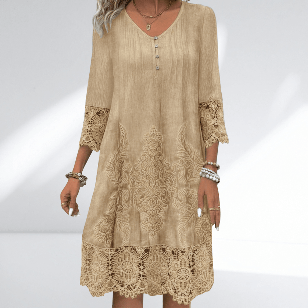 Estelo | Tunic dress for women - Embroidered Dress with V-neck and Lace Trim 6