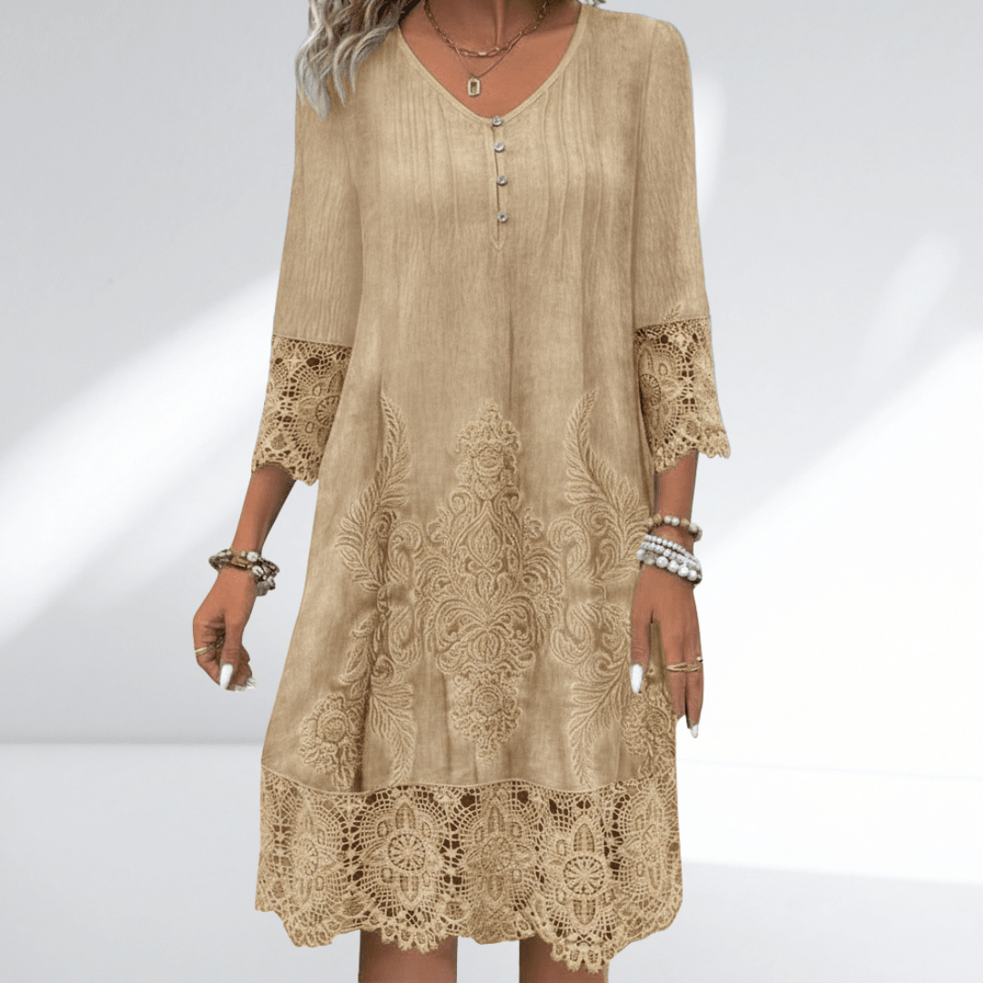 Estelo | Tunic dress for women - Embroidered Dress with V-neck and Lace Trim 6