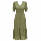 Eyelet Button Front V-Neck Midi Dress
