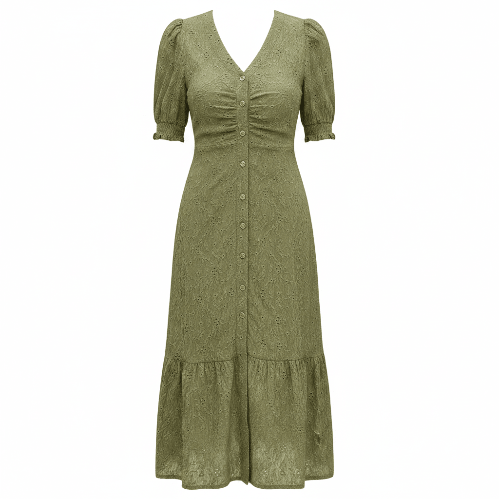 Eyelet Button Front V-Neck Midi Dress