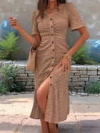 Eyelet Button Front V-Neck Midi Dress Khaki