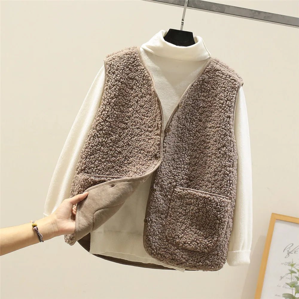 Bersh | Women’s Sleeveless Vest – Warm, Lightweight & Casual Sherpa Shearling-Effect Kaki