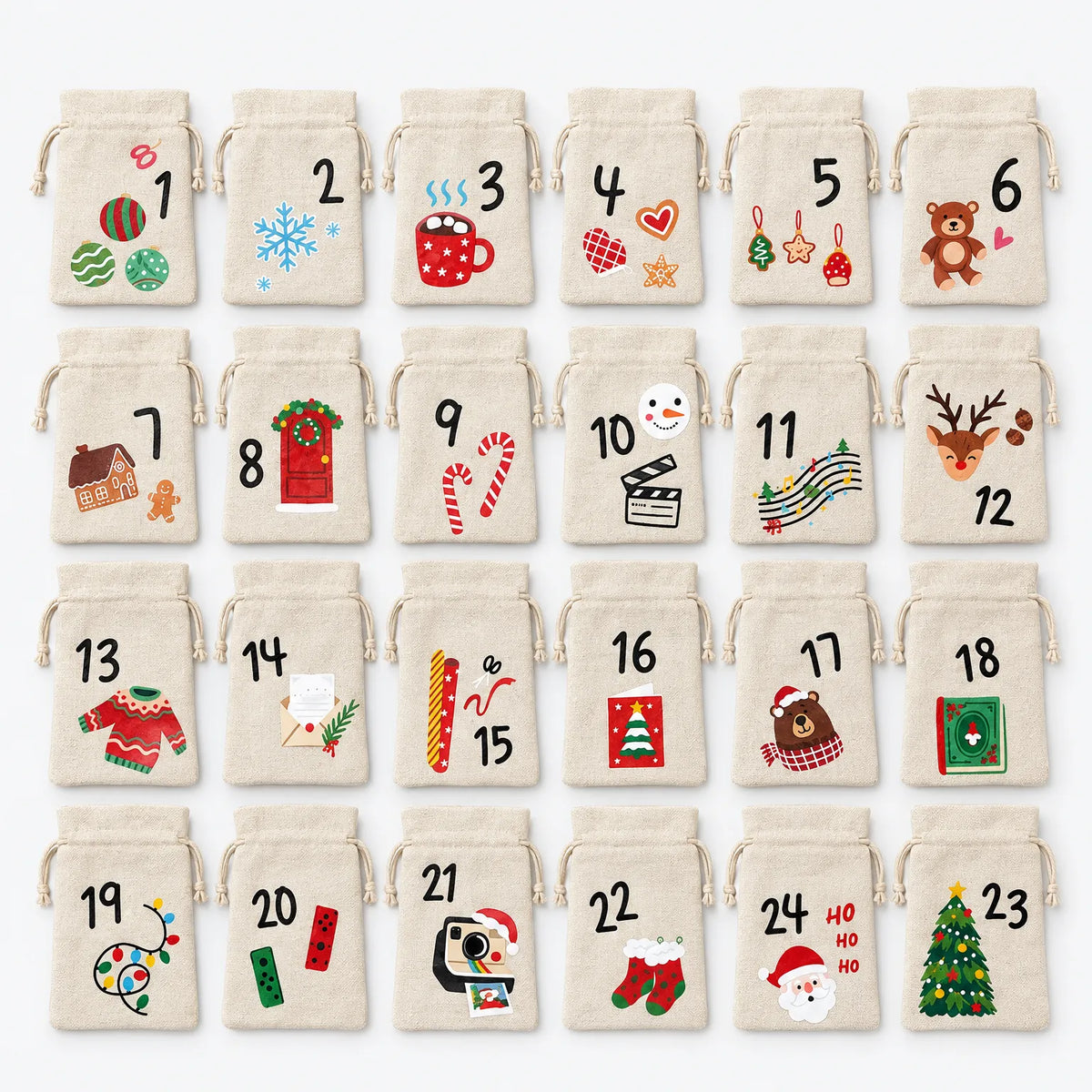 Advent Calendar Bags to Fill – 24 Numbered Drawstring Fabric Bags, 6 x 4 in, Reusable DIY Christmas Countdown Default Title