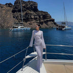 Fashion Women Wrapped Dress Long Sleeve Round Neck See Through Sunscreen Solid Color Backless Beach Long Dress Summer Cover Up 2