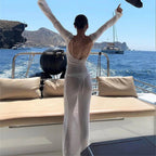 Fashion Women Wrapped Dress Long Sleeve Round Neck See Through Sunscreen Solid Color Backless Beach Long Dress Summer Cover Up 3
