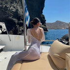 Fashion Women Wrapped Dress Long Sleeve Round Neck See Through Sunscreen Solid Color Backless Beach Long Dress Summer Cover Up 4