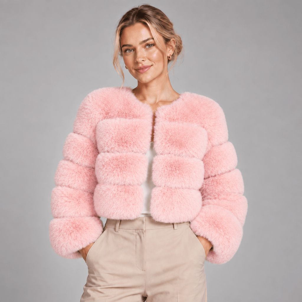 Faux Fur Jacket Women Cropped Fluffy Round Neck Long Sleeve