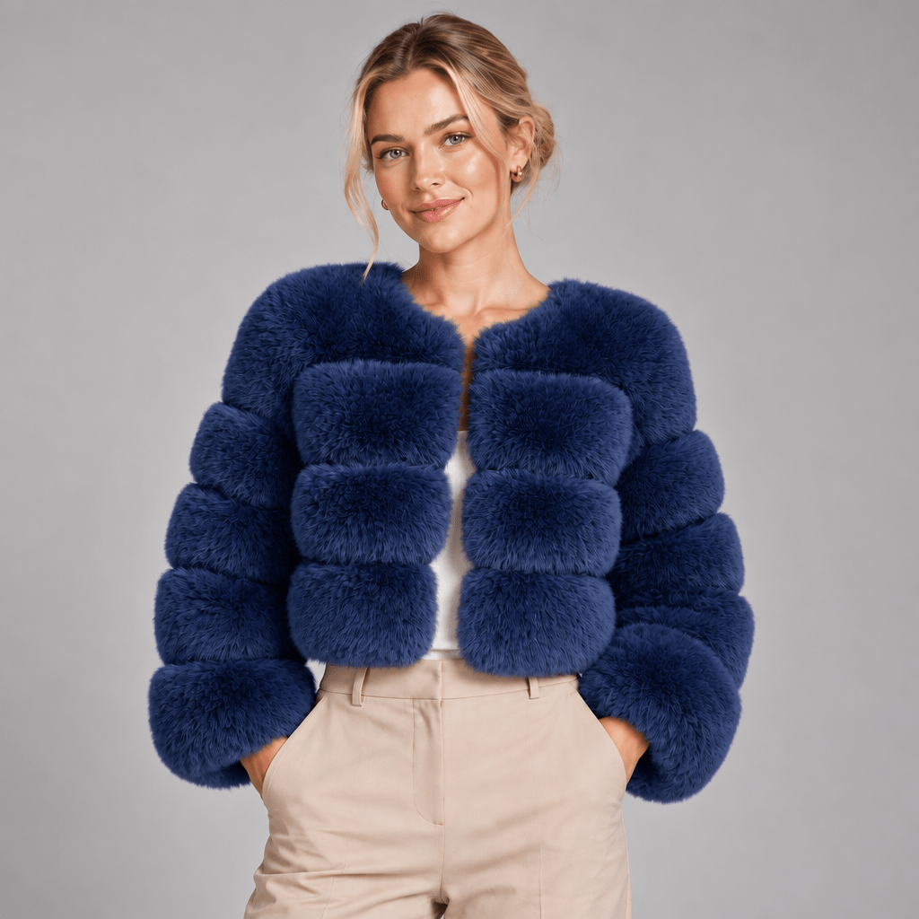 Faux Fur Jacket Women Cropped Fluffy Round Neck Long Sleeve