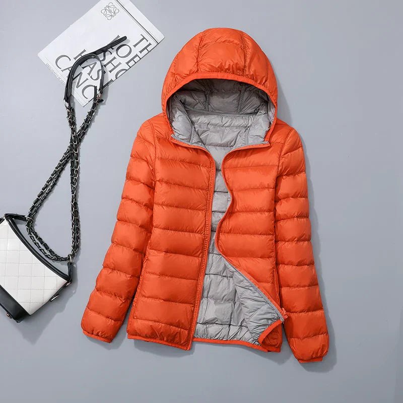 Sahara | Down Jacket with Hood for Women Lightweight Warmth and Flattering Fit Orange & Grey
