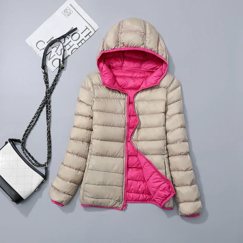 Sahara | Down Jacket with Hood for Women Lightweight Warmth and Flattering Fit Khaki & Pink