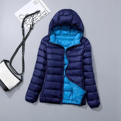 Sahara | Down Jacket with Hood for Women Lightweight Warmth and Flattering Fit Dark Blue & Sea Blue