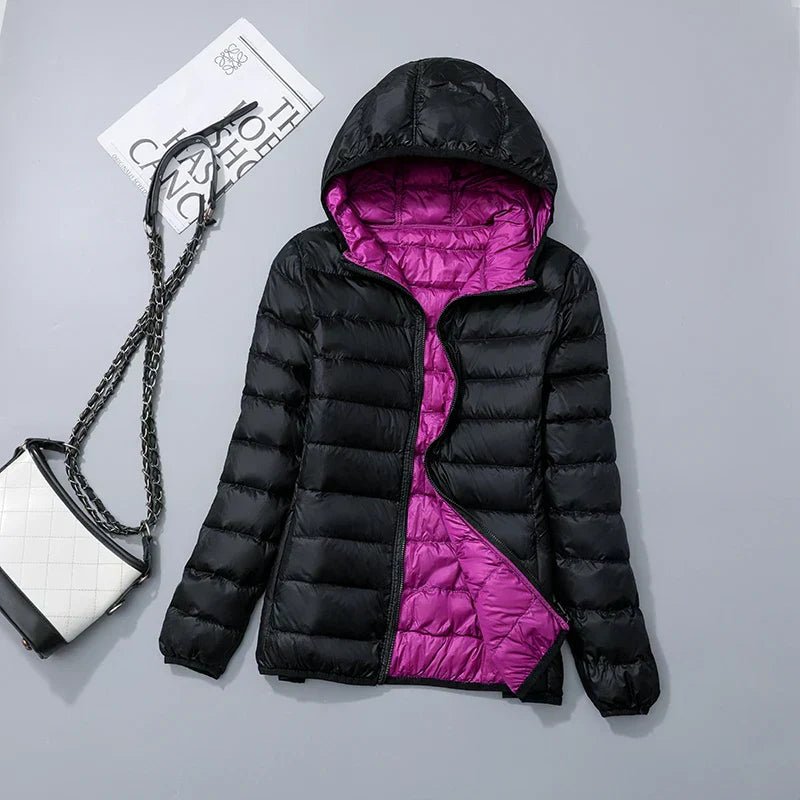 Sahara | Down Jacket with Hood for Women Lightweight Warmth and Flattering Fit Black & Purple
