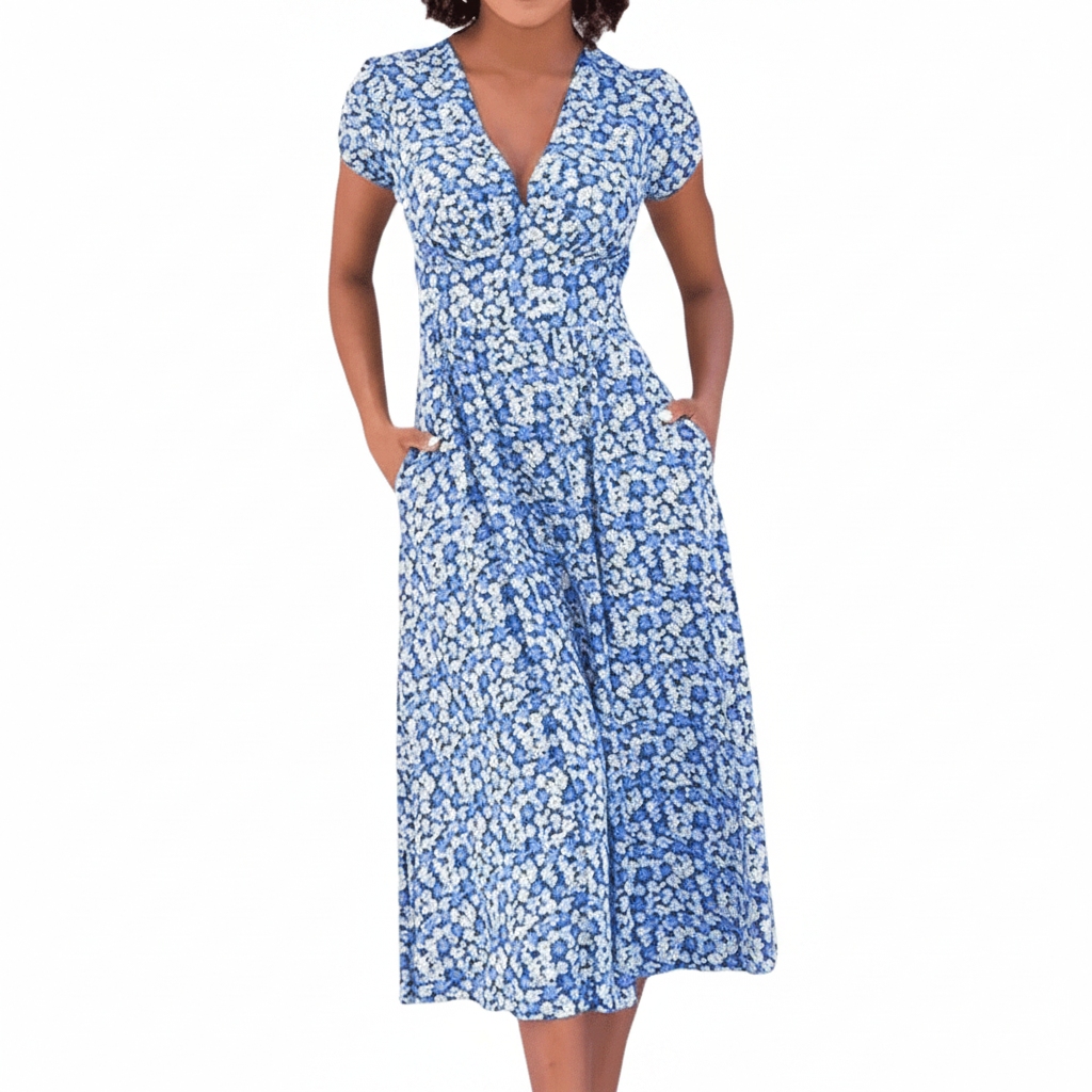 Flowing A-Line Midi Dress with Defined Waist and Delicate Floral Pattern Blue