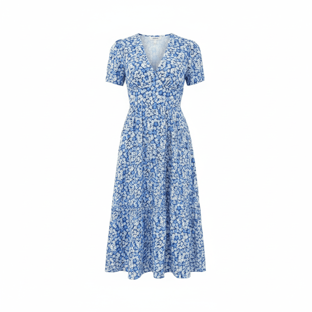 Flowing A-Line Midi Dress with Defined Waist and Delicate Floral Pattern