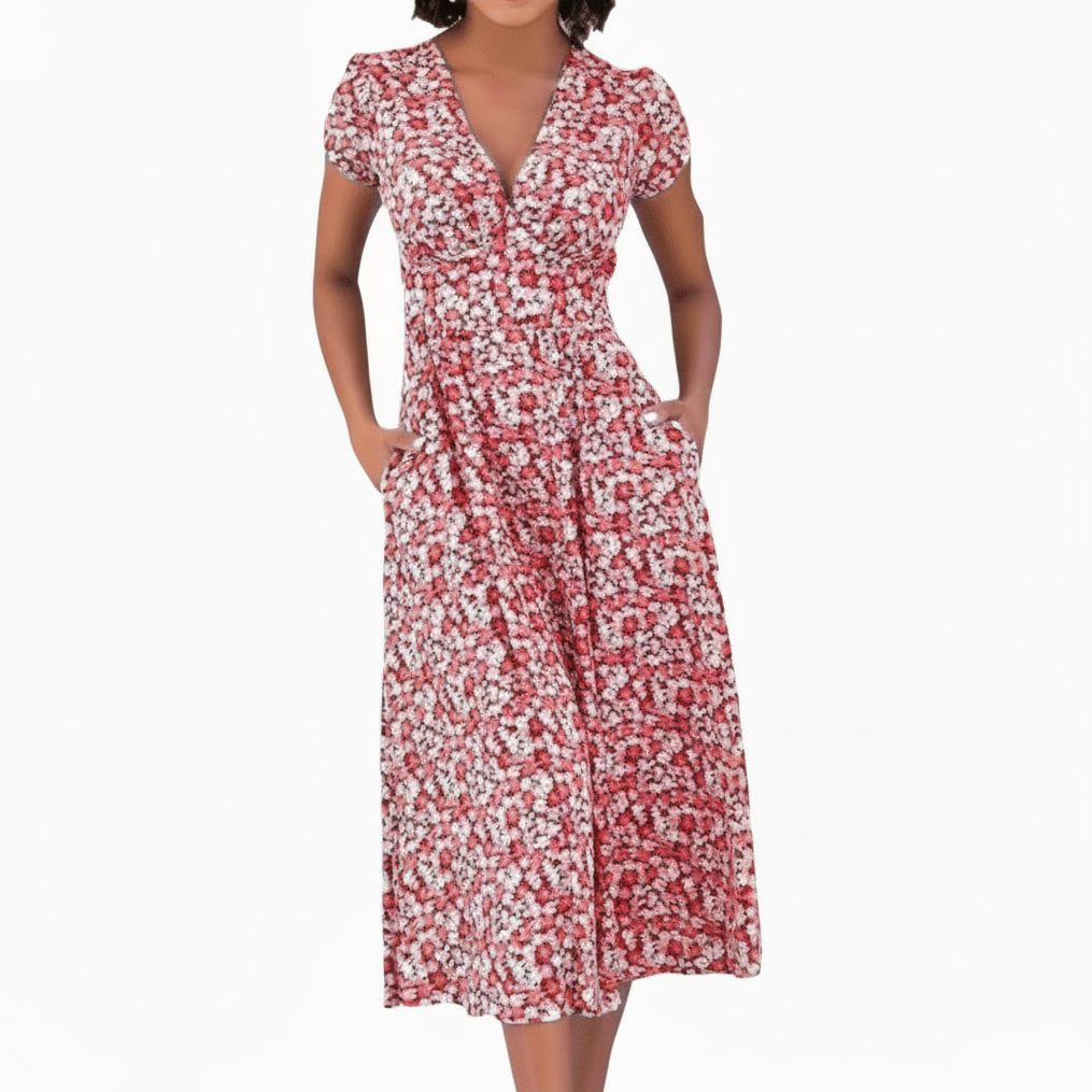 Flowing A-Line Midi Dress with Defined Waist and Delicate Floral Pattern Red