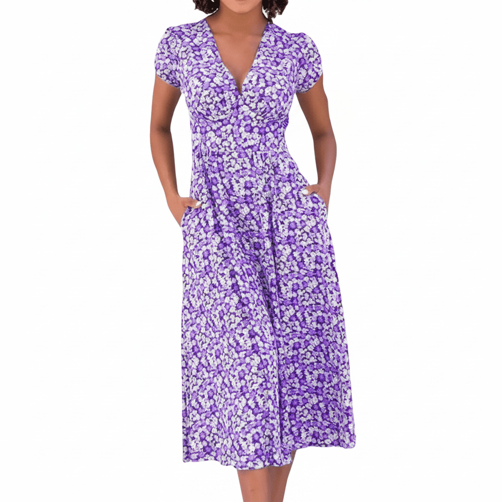 Flowing A-Line Midi Dress with Defined Waist and Delicate Floral Pattern Purple