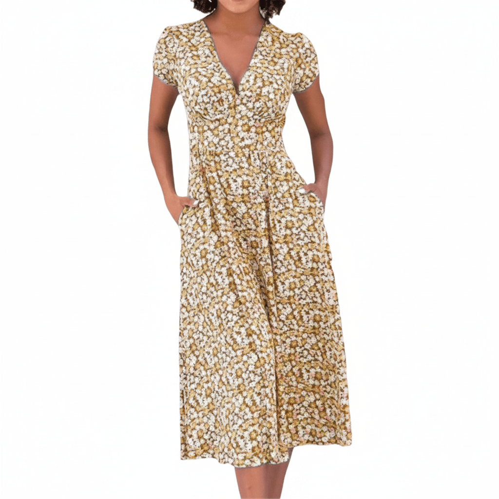 Flowing A-Line Midi Dress with Defined Waist and Delicate Floral Pattern Yellow