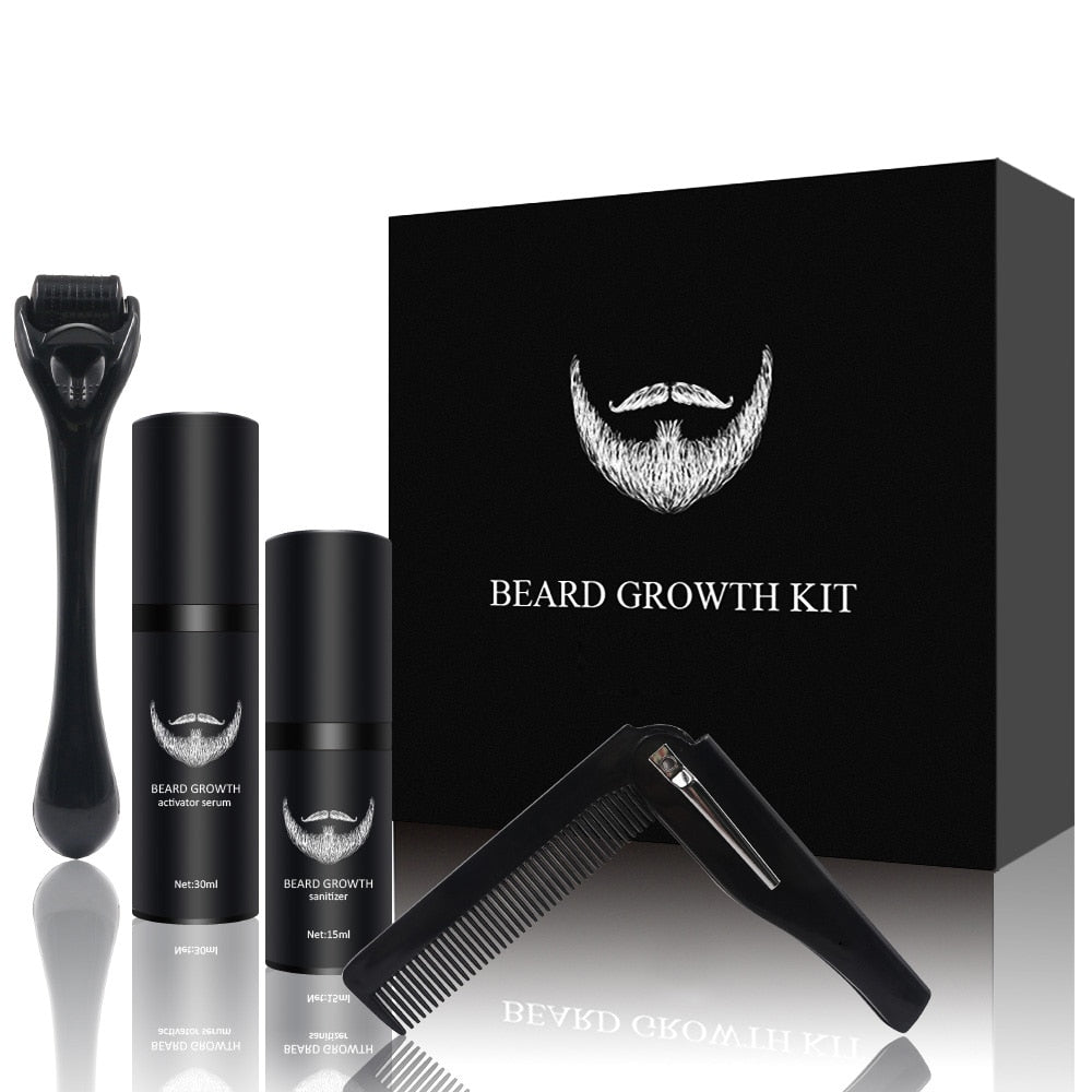 Beard Care Kit with 540 Derma Roller, Natural Beard Serum, Cleaning Spray & Comb – Men's Grooming Set