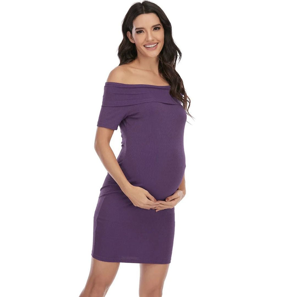 Chantal Maternity Dress – Off Shoulder Bodycon Pregnancy Dress, Above the Knee, 5 Colors, S–2XL – Parsha