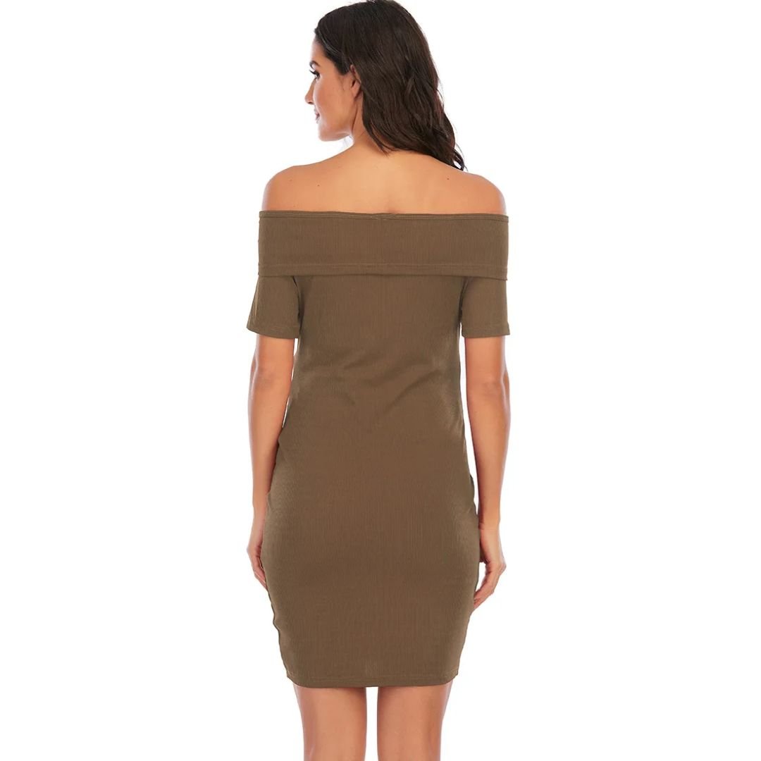 Chantal Maternity Dress – Off Shoulder Bodycon Pregnancy Dress, Above the Knee, 5 Colors, S–2XL – Parsha
