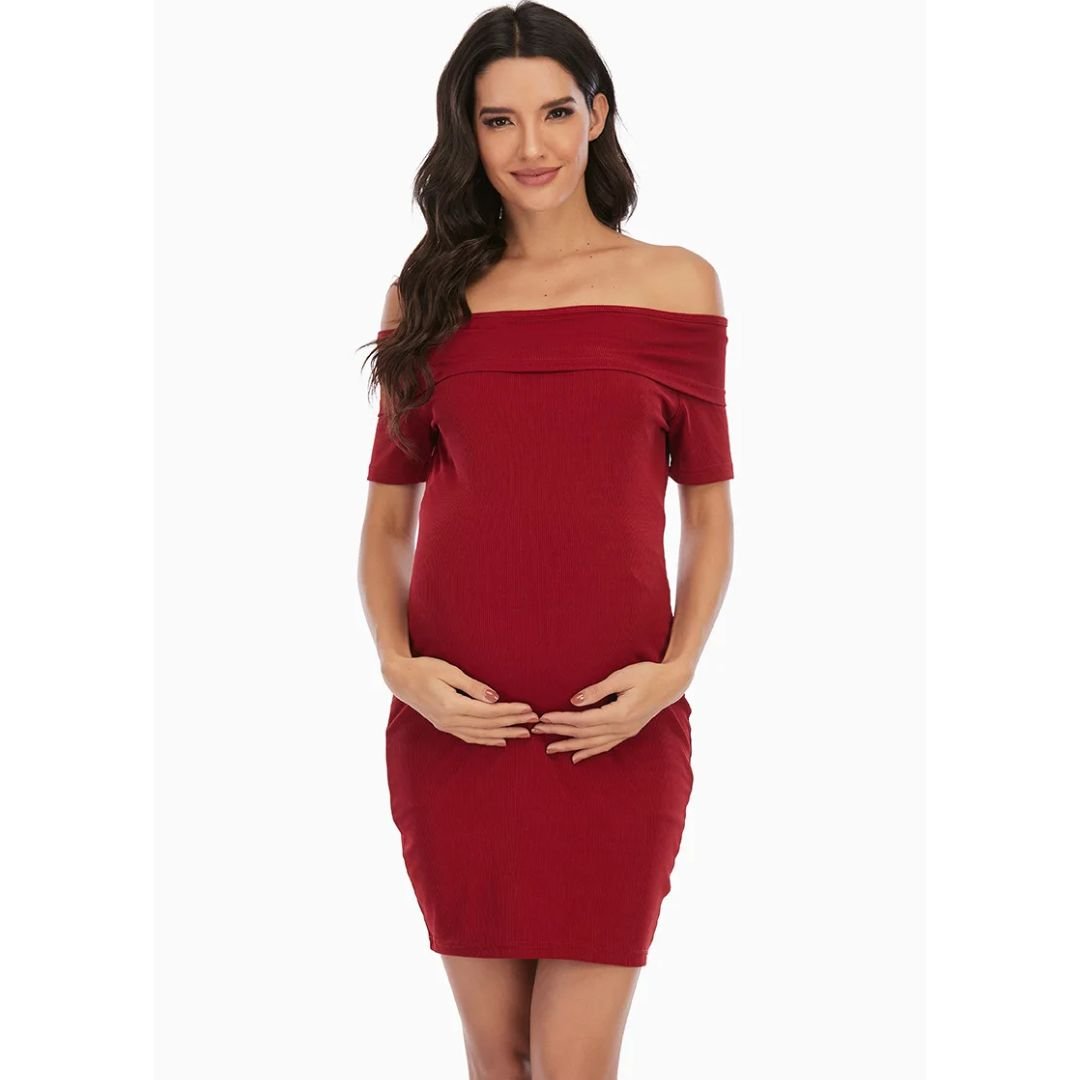 Chantal Maternity Dress – Off Shoulder Bodycon Pregnancy Dress, Above the Knee, 5 Colors, S–2XL – Parsha