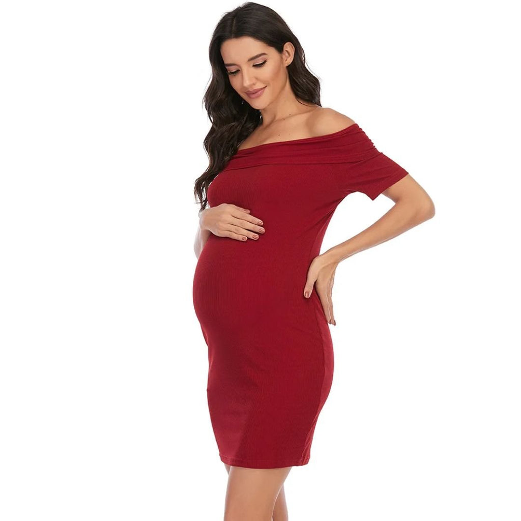 Chantal Maternity Dress – Off Shoulder Bodycon Pregnancy Dress, Above the Knee, 5 Colors, S–2XL – Parsha
