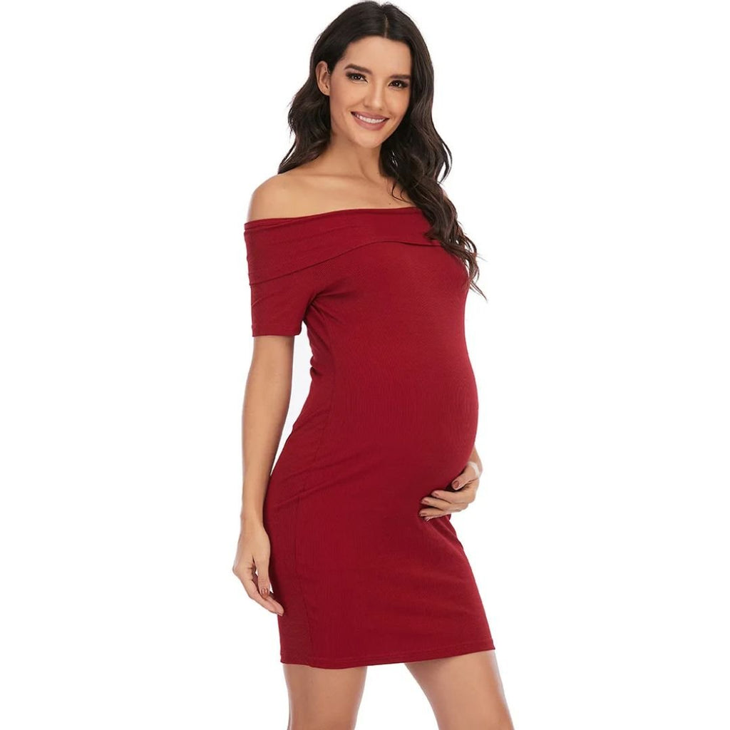 Chantal Maternity Dress – Off Shoulder Bodycon Pregnancy Dress, Above the Knee, 5 Colors, S–2XL – Parsha
