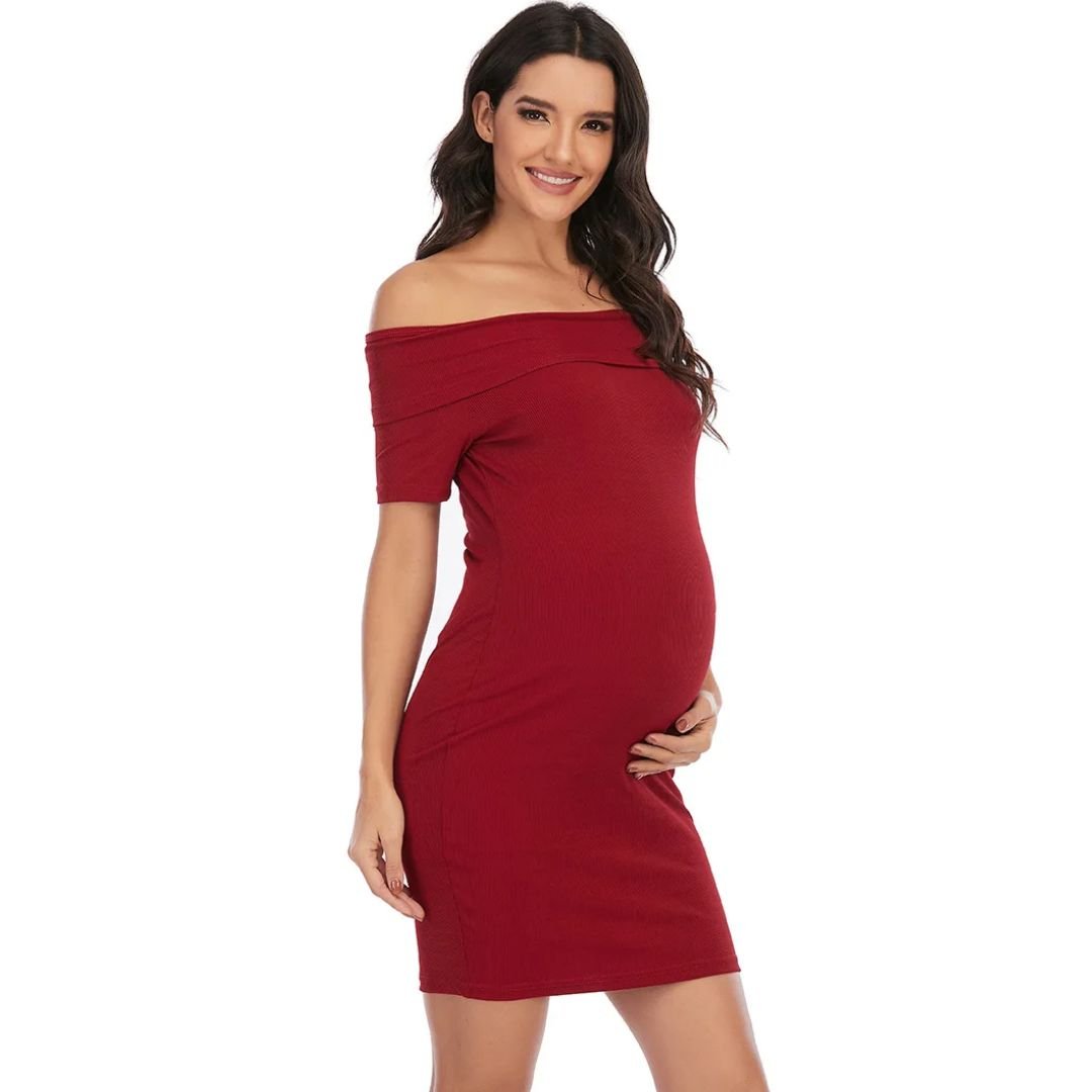 Chantal Maternity Dress – Off Shoulder Bodycon Pregnancy Dress, Above the Knee, 5 Colors, S–2XL – Parsha