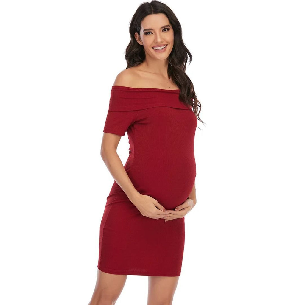 Chantal Maternity Dress – Off Shoulder Bodycon Pregnancy Dress, Above the Knee, 5 Colors, S–2XL – Parsha