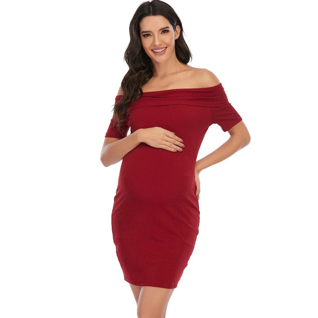 Chantal Maternity Dress – Off Shoulder Bodycon Pregnancy Dress, Above the Knee, 5 Colors, S–2XL – Parsha