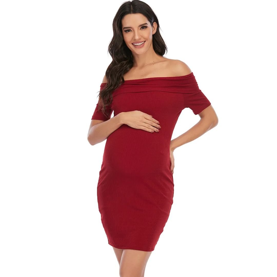 Chantal Maternity Dress – Off Shoulder Bodycon Pregnancy Dress, Above the Knee, 5 Colors, S–2XL – Parsha