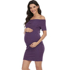 Chantal Maternity Dress – Off Shoulder Bodycon Pregnancy Dress, Above the Knee, 5 Colors, S–2XL – Parsha Purple